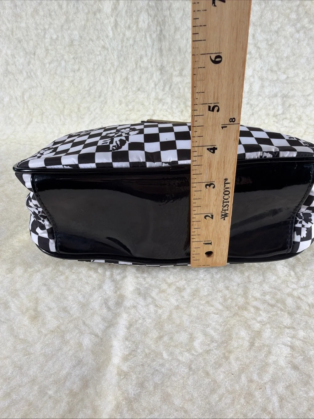 Betsey Johnson Black & White Checkered Cosmetic Pouch with Floral Motif